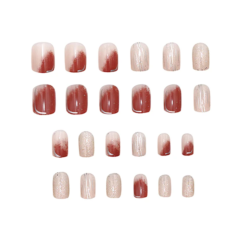 24 шт. короткие круглые накладные ногти с французским розовым блеском, накладные ногти с клеем, полное покрытие, съемные, глянцевые, носимые, пресс на кончиках ногтей