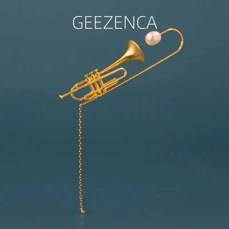 

GEEZENCA 925 Silver Pearl Tassel Jazz Trumpet Brooches For Women Original Design Chic Clothing Accessories Pins Brooch 2023 New