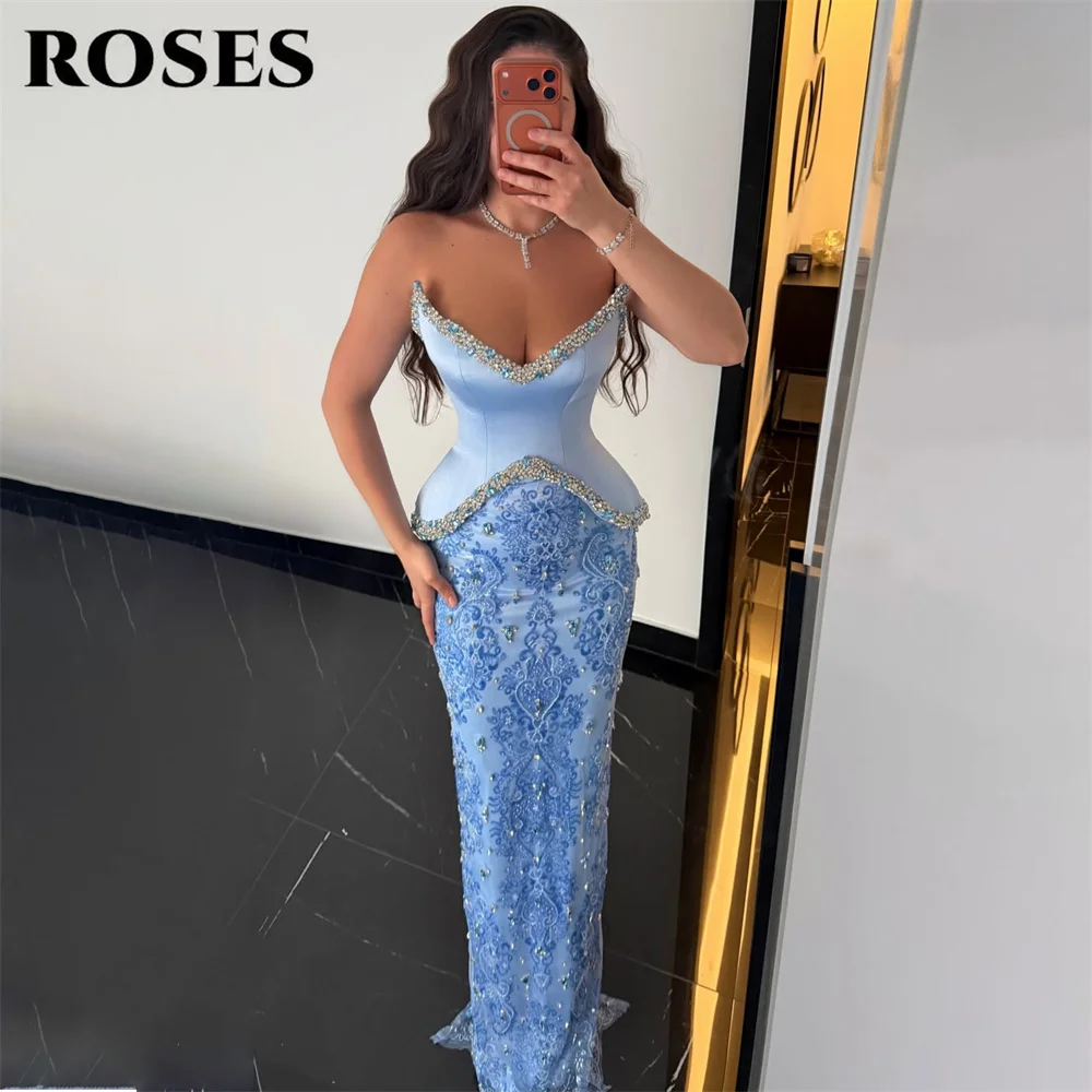 

ROSES Blue Evening Dress Strapless Mermaid Party Dresses Beading On Chest vestidos de fiesta Embroidery Prom Gowns Customized