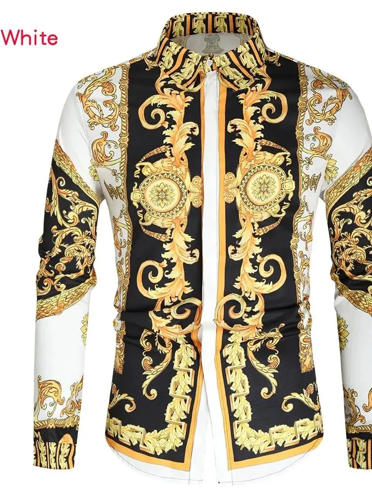 

Men's Fashion Urban Style Long Sleeve Printed Shirt Gold Stamp Collar Casual Loose Fit Polyester Polyester Fiber Youth Shirt
