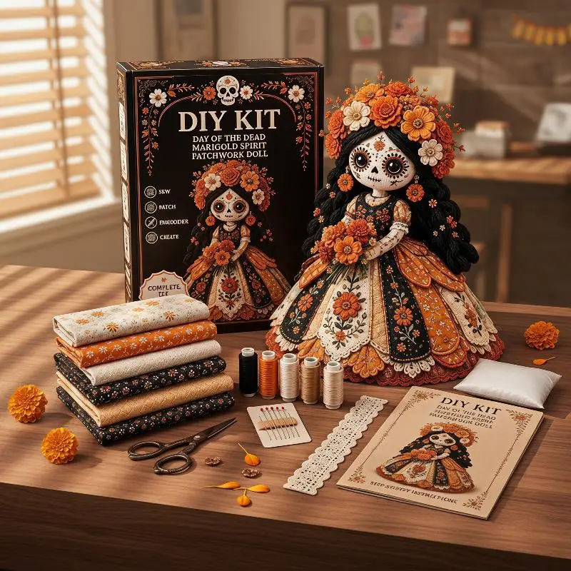 Day Of The Dead Patchwork Doll Making DIY Kit Skull Face Hand Sewing Craft Set for Beginner Halloween Party Ornament Gift