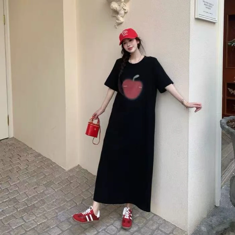 حجم كبير الصيف قصيرة الأكمام تي شيرت فستان المرأة أنيقة خمر فضفاض امرأة سوداء فستان السيدات طباعة فساتين طويلة Vestidos