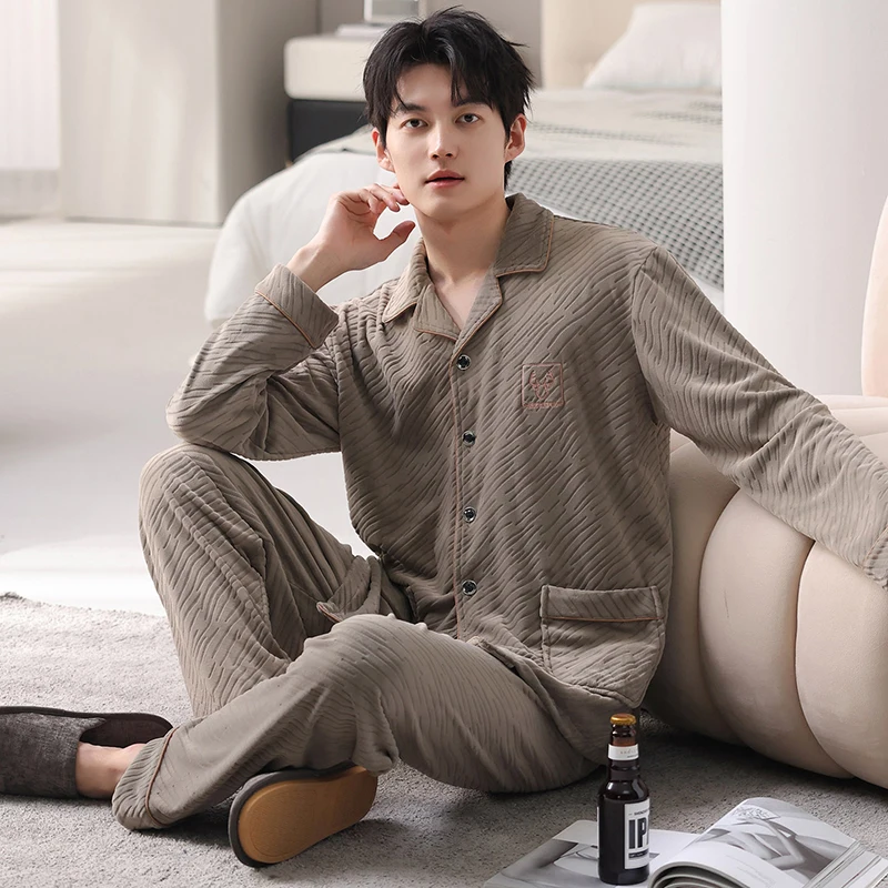 

Зимняя мужская фланелевая пижама большого размера M-4XL, мужская толстая теплая пижама с отложным воротником