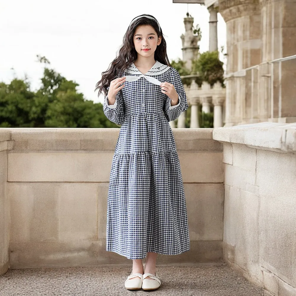 Autumn Baby Girls Plaid Dresses Kids Outfits School Dress Teenagers Long Maxi Dress School Children Costumes 6 9 10 12 13 Years