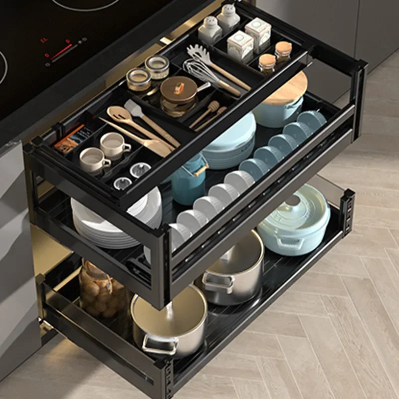 Pull Basket Kitchen Cabinet Alloy Drawer Type Dish Basket Kitchen Cabinet Storage Rack Built-in Bowl Basket Bowl Rack D
