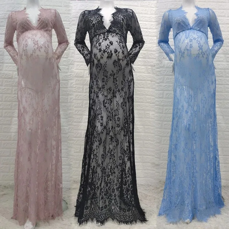 Vintage Sexy Women's Maxi Dress Transparent Lace Deep V Neck Long Sleeve See through Beach Photography Prop Gown view 2