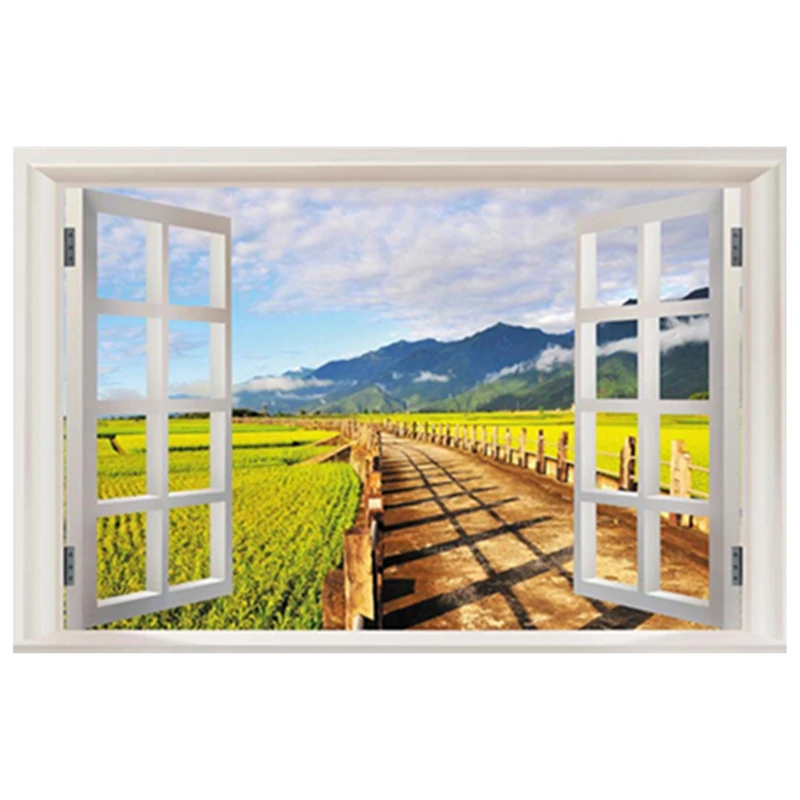 Field Scenery Mural 3D Room Window Art Vinyl Wall Stickers Home Decorations Country Lanes Green Mountain View Poster Wallpaper