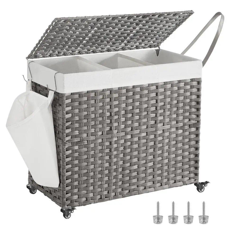 Rolling Laundry Basket with Wheels 3-Section 42.3 Gallons Large Capacity Synthetic Rattan Hamper Removable Liner Robust Metal