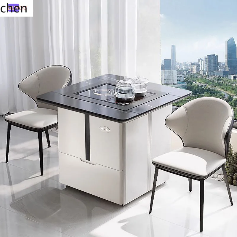HXL Tea Table and Chair Set with Movable Rock Board, Adjustable Height Coffee Table, and Integrated Kettle