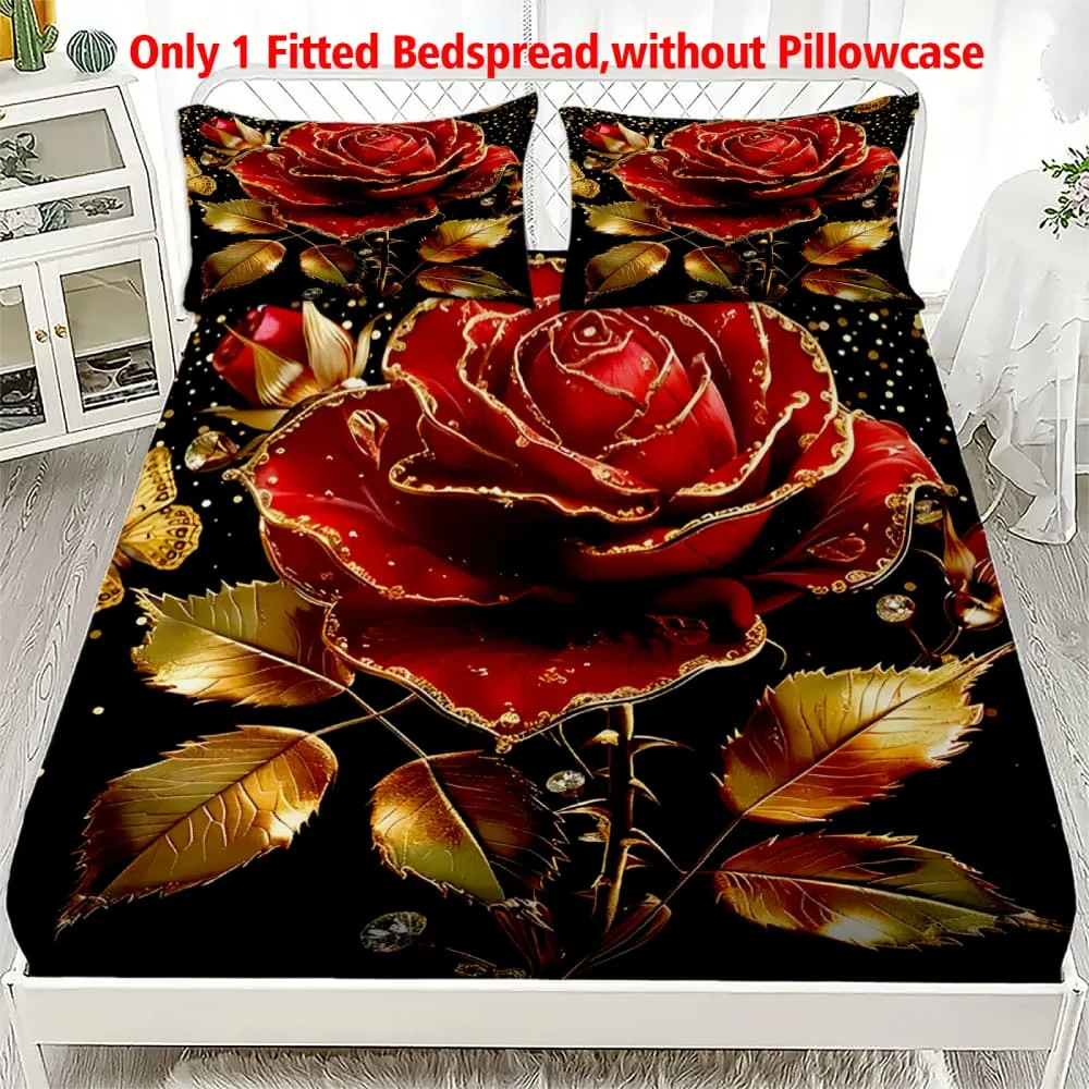 1pc Red Rose with Gold Leaf Print Fitted Sheet Deep Pocket Elastic Mattress Cover Single Double Queen King Bedroom Decor