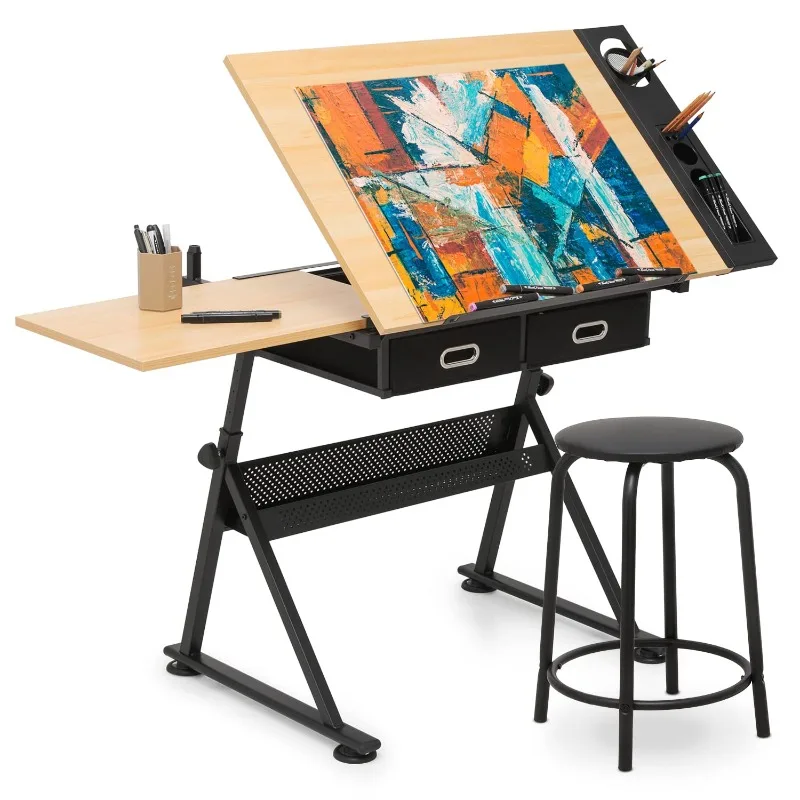 Adjustable Drafting Table & Stool Set with Storage, Versatile Art Desk and Craft Center Home Study Room Artist Desk