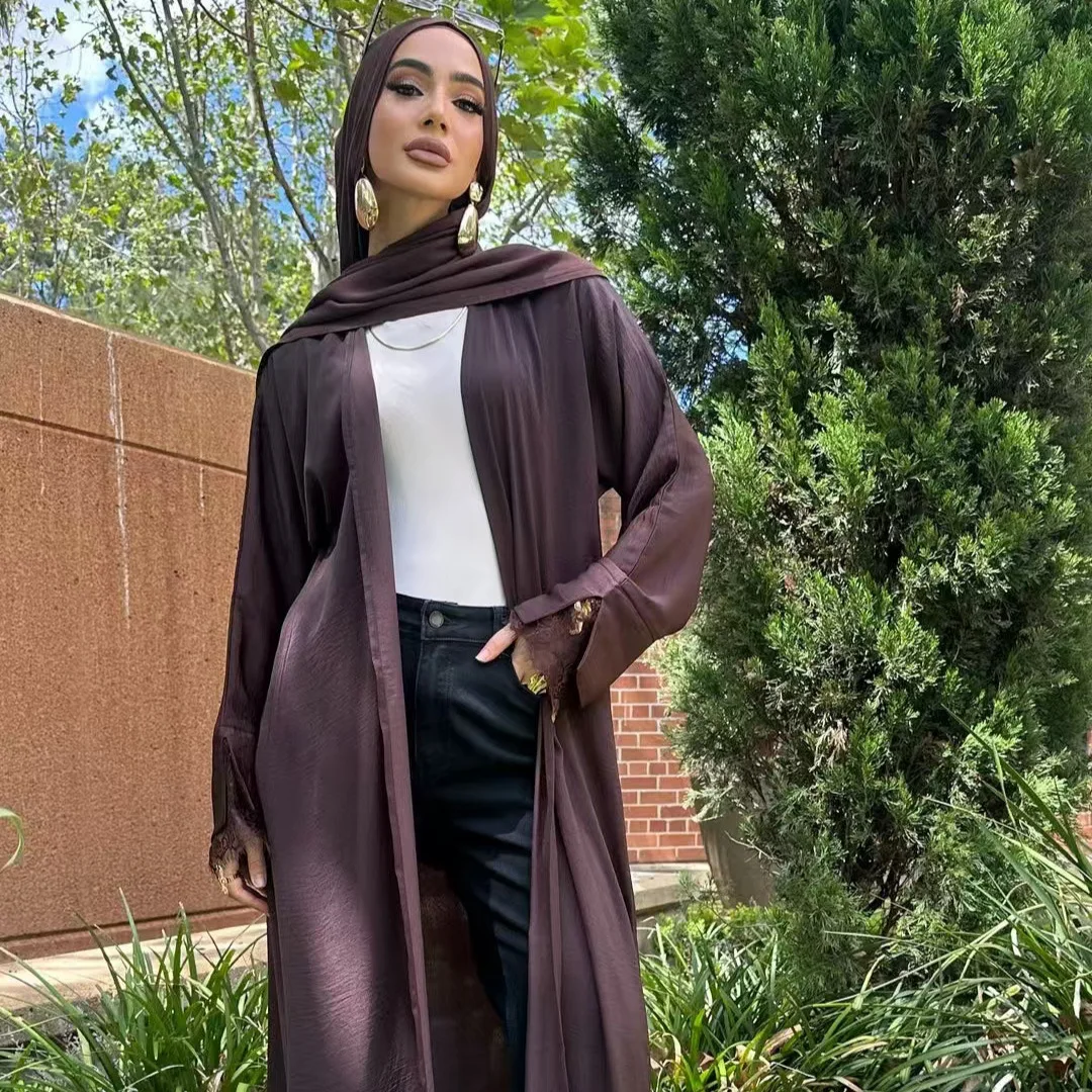 Women Solid Color Plus Size Loose Lace Open Stitch Long Sleeve Elegant Trendy Abaya Cardigans Female Middle East Muslim Coats