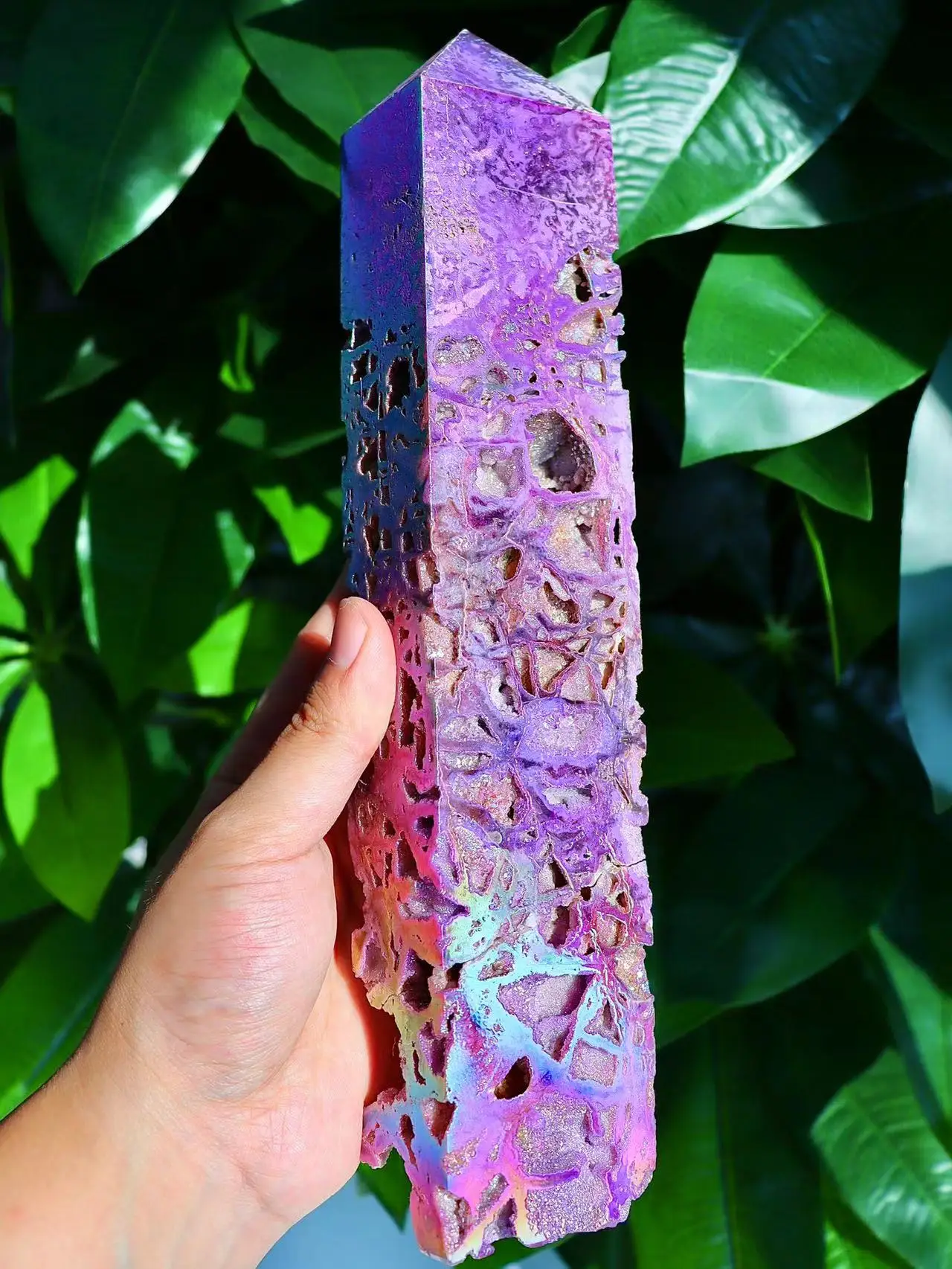 

Natural Purple Aura Sphalerite Crystal Gemstone Towers Druzy Healing Electroplated Wands Home Decoration