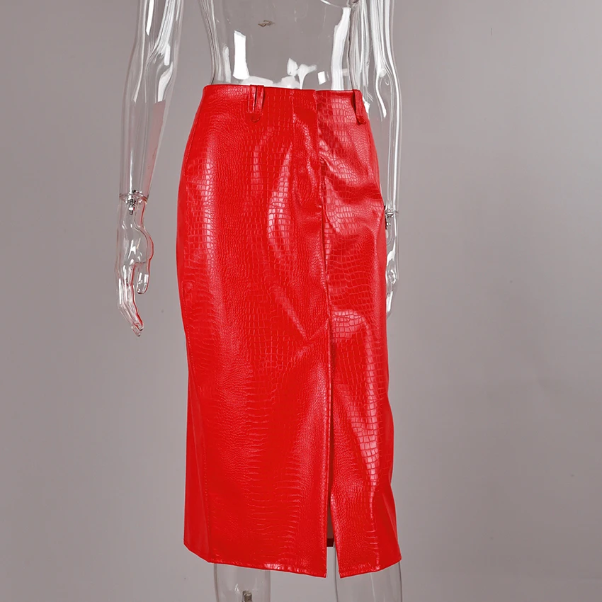 Linad Sexy Red PU Split Skirts For Women Street Chic Slim High Waist Zipper Skirts 2026 Vintage Straight Mid Calf Skirt Female