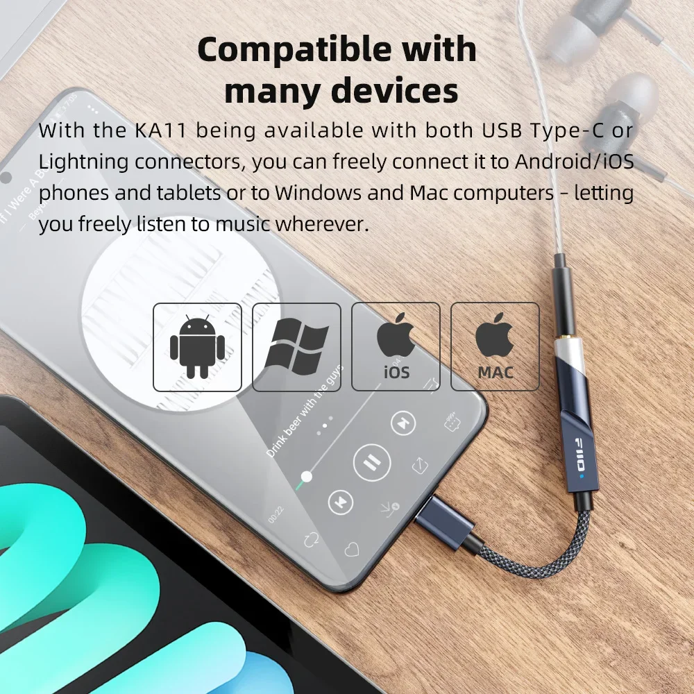 FiiO JadeAudio KA11 USB C إلى 3.5 ملم محول الصوت USB دونغل 32 بت/384 كيلو هرتز، نوع C إلى 3.5 ملم HiFi DAC مكبر للصوت لنظام Android/iOS/Win