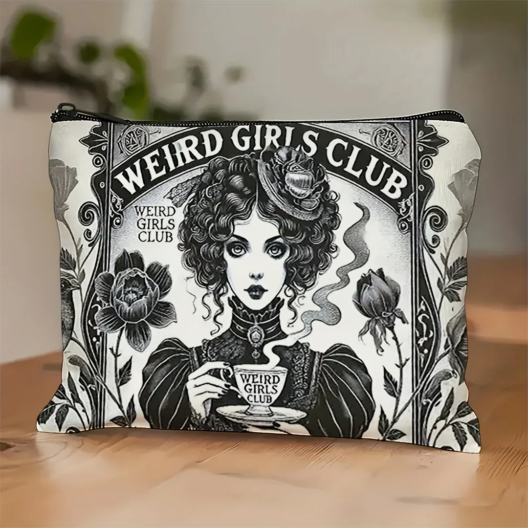 Elegant Vintage Gothic Victorian Style Makeup Bag Featuring a Victorian Teacup Design with Quirky Club Typography Party Gifts