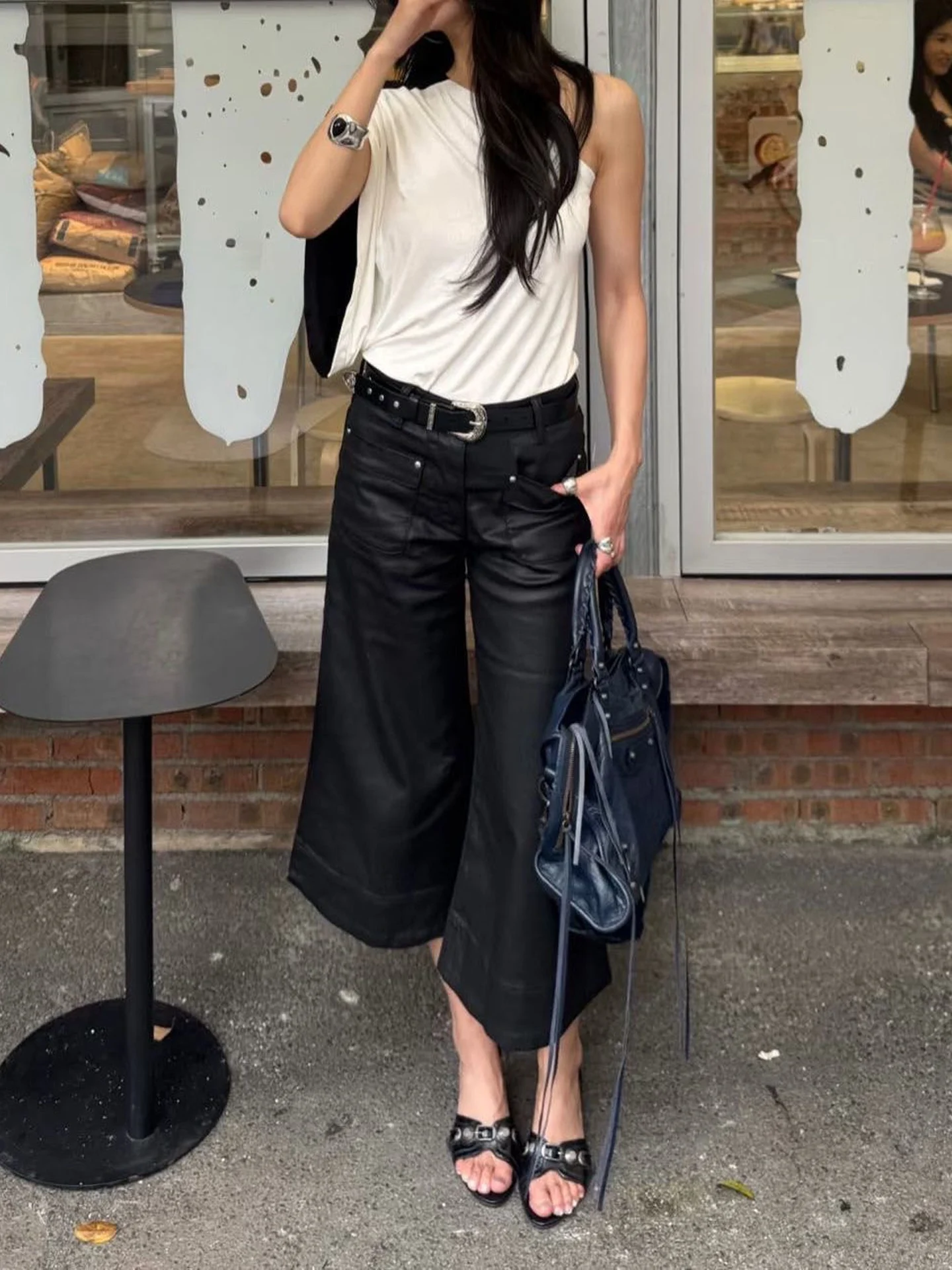 Retro Modern Faux Leather Feel Seven-Foot Pants Women's Autumn New Zipper Fashion Slimming Wide Leg Pants Casual Trousers