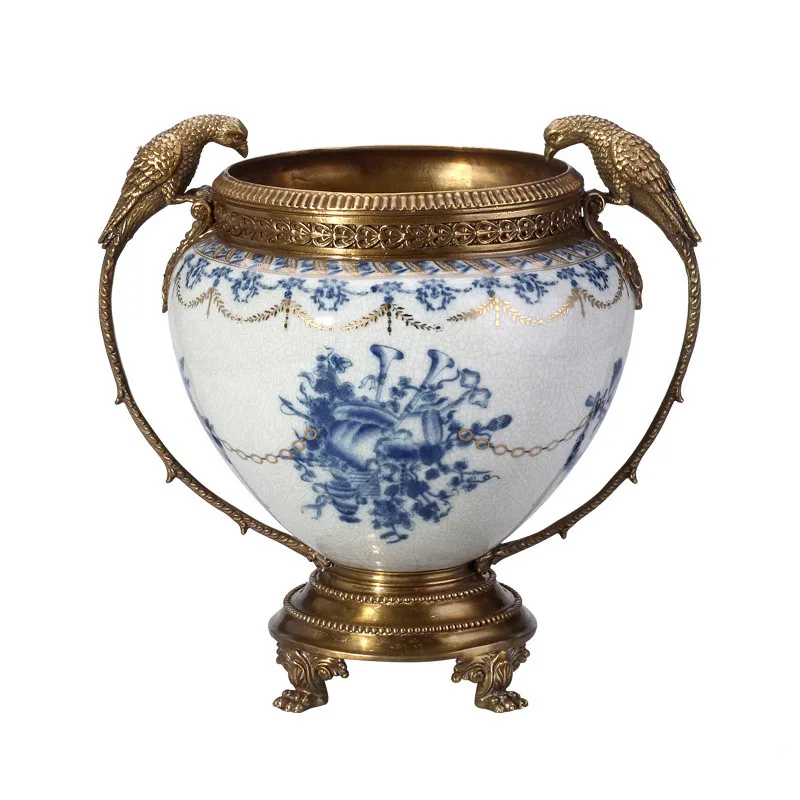 Antique luxury bronze porcelain vase, bird home decoration antique brass ceramic vase
