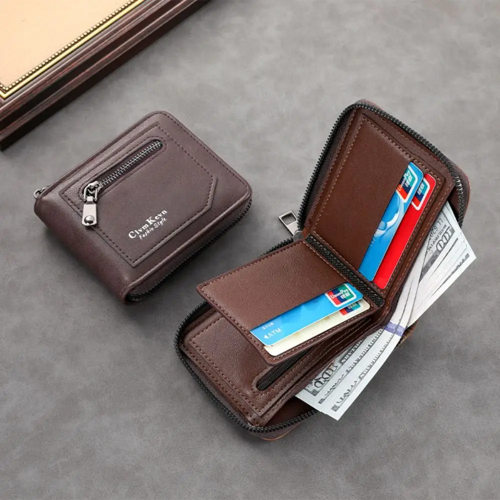

Trendy PU Leather Short Wallet with Zipper Multiple Card Slots Coin Purse Money Bag Men