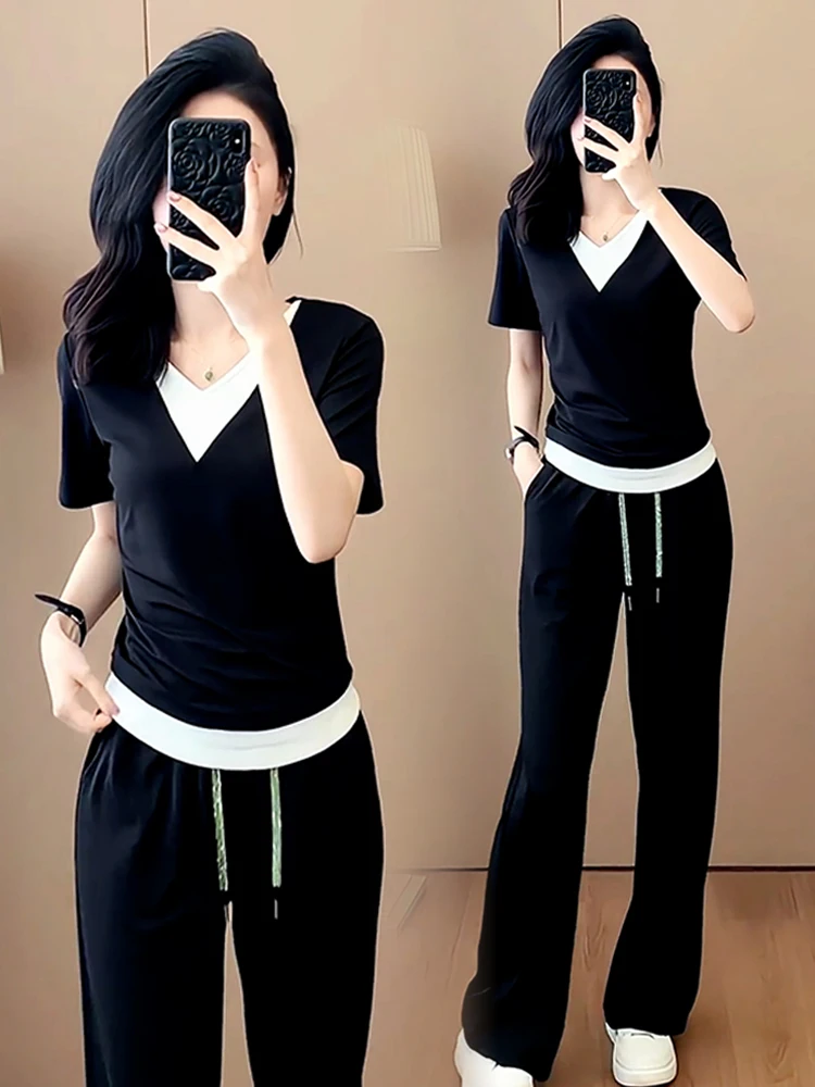 Damski letni zestaw sportowy, nowy, luźne spodnie z szerokimi nogawkami, dwuczęściowy komplet, dekolt w serek, bawełniane długie spodnie.