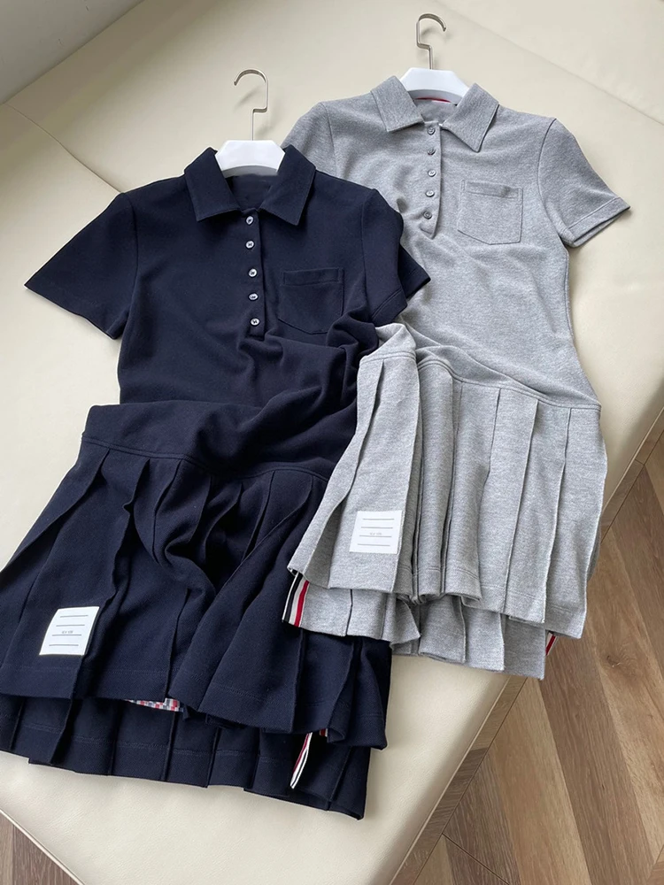 

High Quality TB Autumn New Trendy Brand Red White Blue Webbing Polo Collar Short-sleeved Dresses Slim Striped Pleated Dress