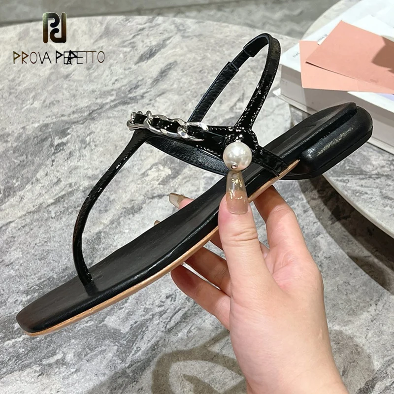 

Pinch Toe Flat Sandals Metal Chain Pearl Decor Buckle Strap Beige Black White Genuine Leather Leisure Beach Summer Sandalias