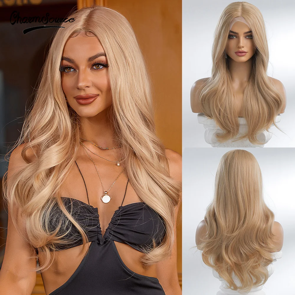 

CharmSource Synthetic Front lace Wig Long Wavy Highlight Blonde for Women Party Daily High Density Heat Resistant