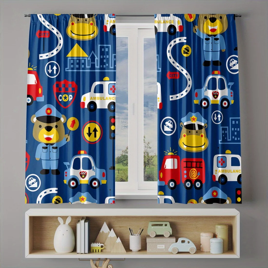 Cute Cartoon Kids Curtains Nursery Decor Police Fire Truck Ambulance Emergency Vehicle Print Curtains for Boy Girl Children