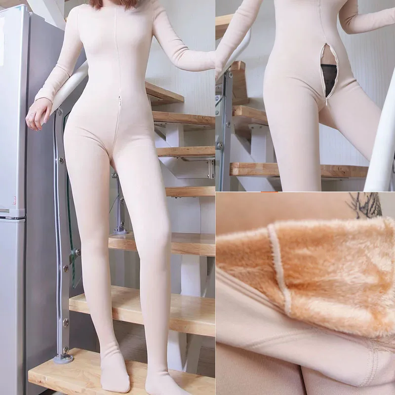 Plus Size Men Women Zipper Open Crotch Bodysuit Tights Thermal Jumpsuits Fleece Lined Keep Warm Lift Hip Pajamas Bodystocking