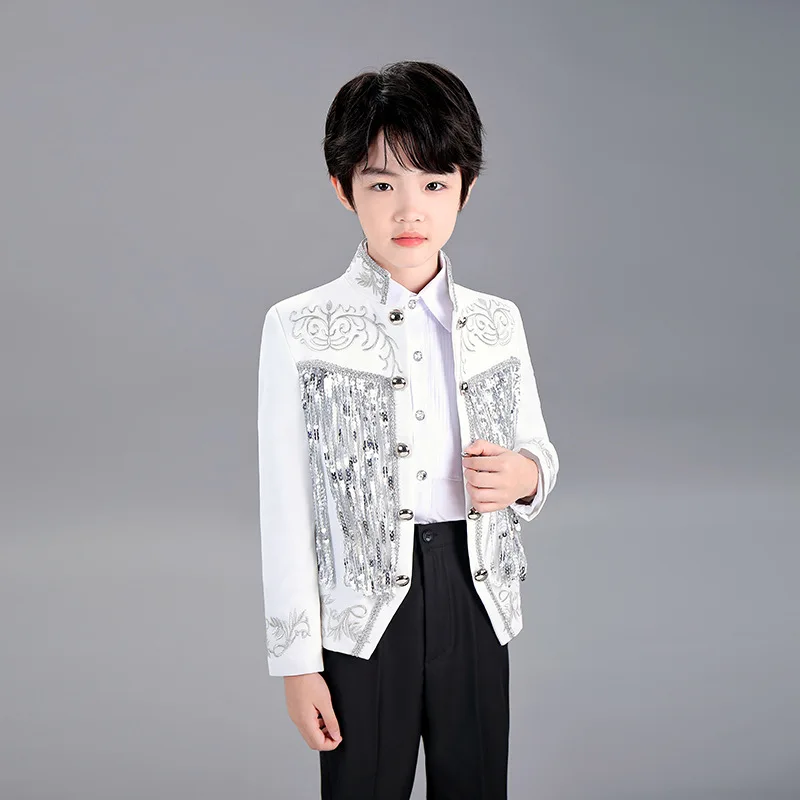 Boys Sequenant Flash Embroidery Paino Host Performance Dress Kids Stage Show Photography Suit Children's Jacket Pants 2pcs Set