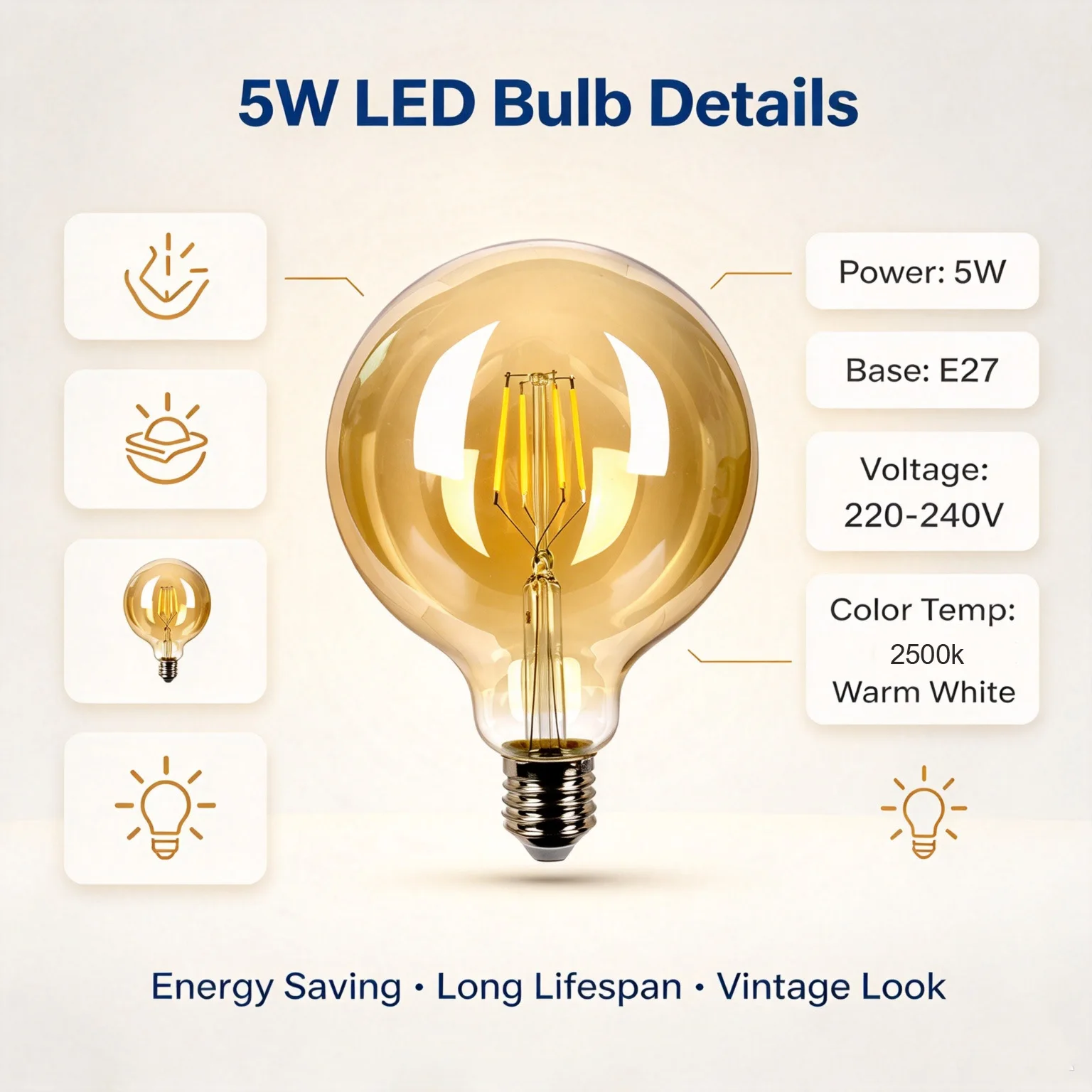 Vintage LED Filament Edison Bulb G125 Globe E27 5W AC220V 2700K Warm Amber Glass Retro Lamp 1 PC For Home Cafe Pendant Lighting - view 6