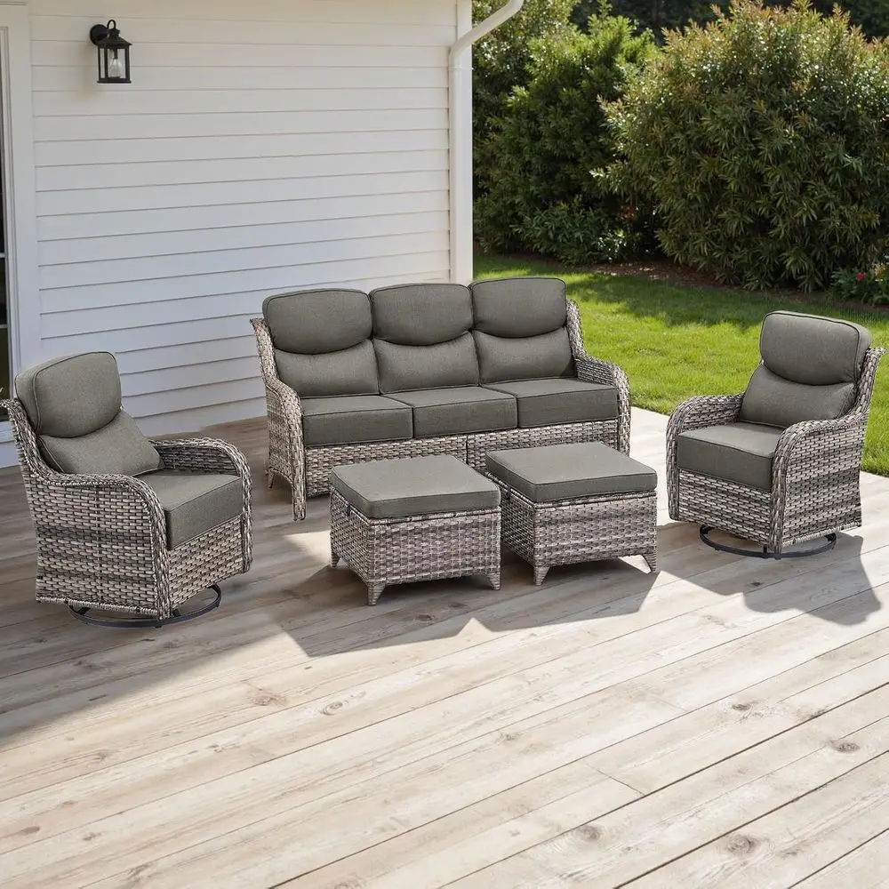 

5-Piece Outdoor Patio Furniture Set with Swivel Rockers, Ottomans, Sofa, 6 Cushions, All-Weather Wicker, Mixed Grey/Grey