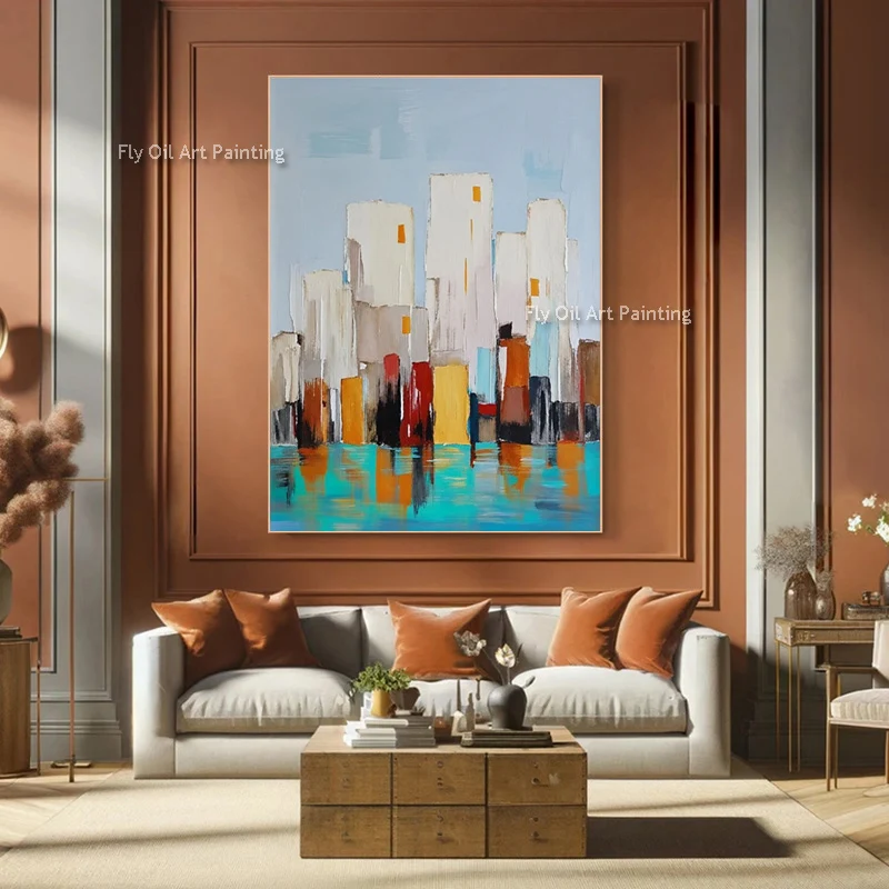 Green Blue White Artwork Abstract Canvas City Building Oil Painting Handpainted Special Red Yellow Cityscape Wall Art Decor