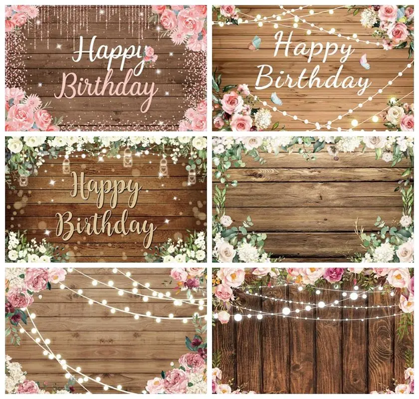 

Laeacco Rustic Wood Floral Backdrop Retro Wooden Floor Pink Flower Wall Wedding Girls Birthday Custom Photography Background