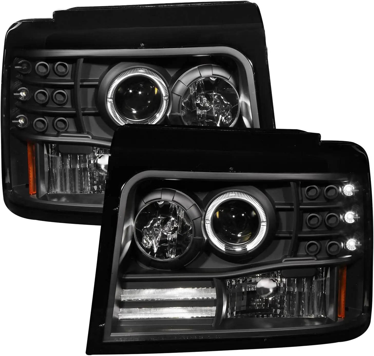 Black Halo Projector Headlights with Side Marker and Parking Light, Compatible with Ford F-150/F-250/Bronco (Set of 2)