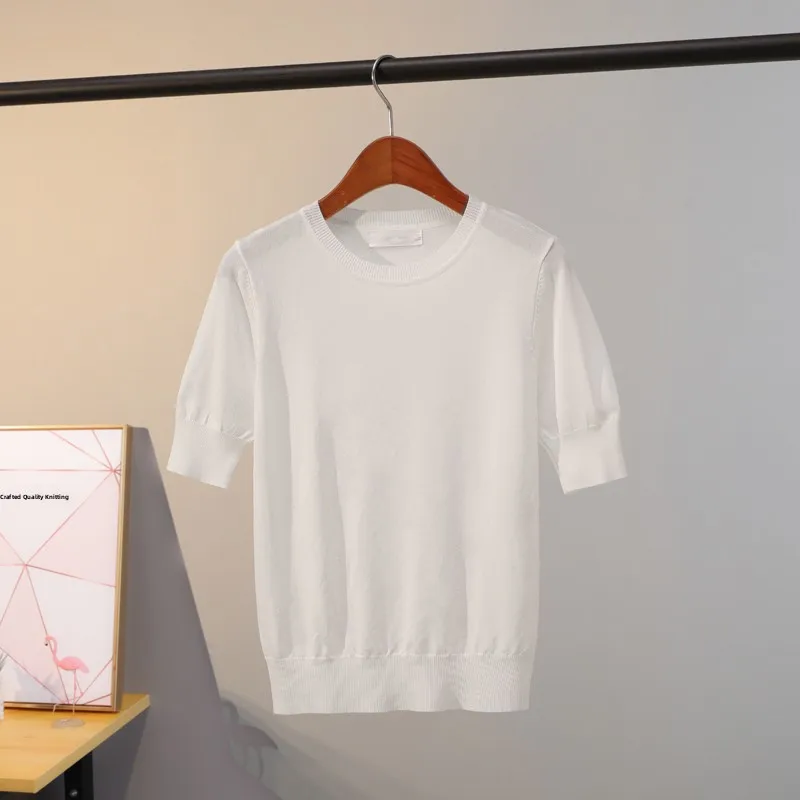 

Свободная трикотажная футболка из ледяного шелка для похудения, однотонный круглый тонкий летний топ, женский модный комбинезон для поездок на работу