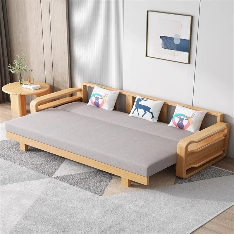 Solid wood sofa bed foldable push-pull