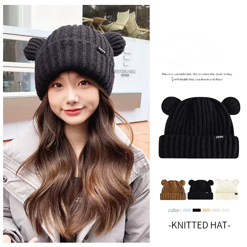 

Y2K Bear Ears Thicken Hats Women Soft Harajuku Plush Ear Head Protection Cute Knitted Korean Wool Caps Cool Girl Handmade Beanie