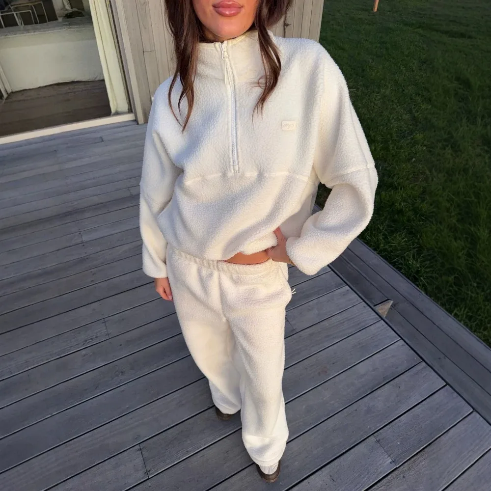Trend Lamb Wool Soft Warm Hoodie Pants Suit Autumn and Winter Women Sweet Loose Thick Windproof Casual Zipper Sweater Pants 2Pcs