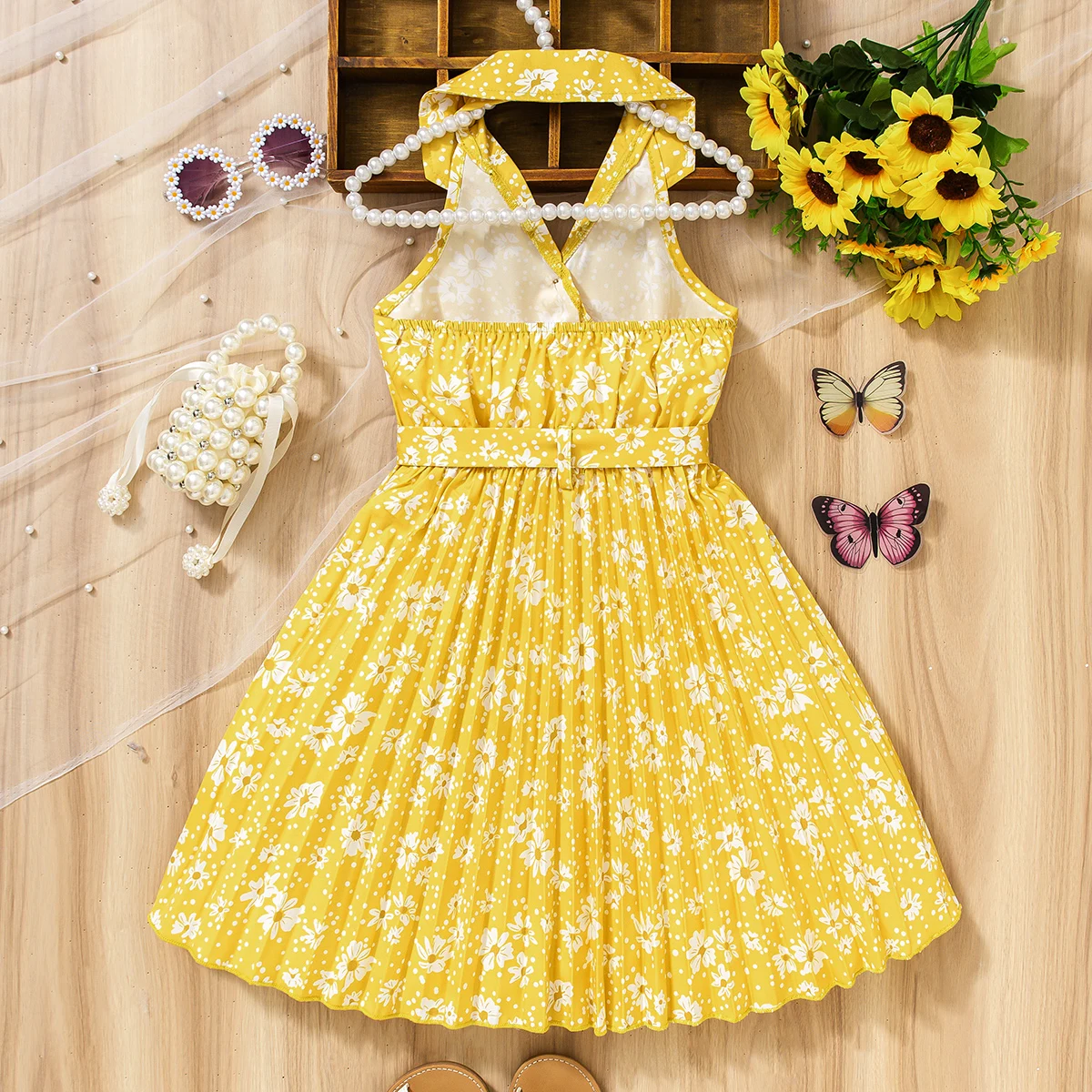 (189) Little Girls' Summer Floral Suspender Dress, Yellow Vintage Pastoral Style Dress, a Must-Have Dress for Baby's Holiday Photos, Fresh and Sweet, Skin-Friendly and Comfortable, the First Choice for Outdoor Outings and Birthday Parties! Suitable for Little Girls Aged 4-7, Spring and Summer.