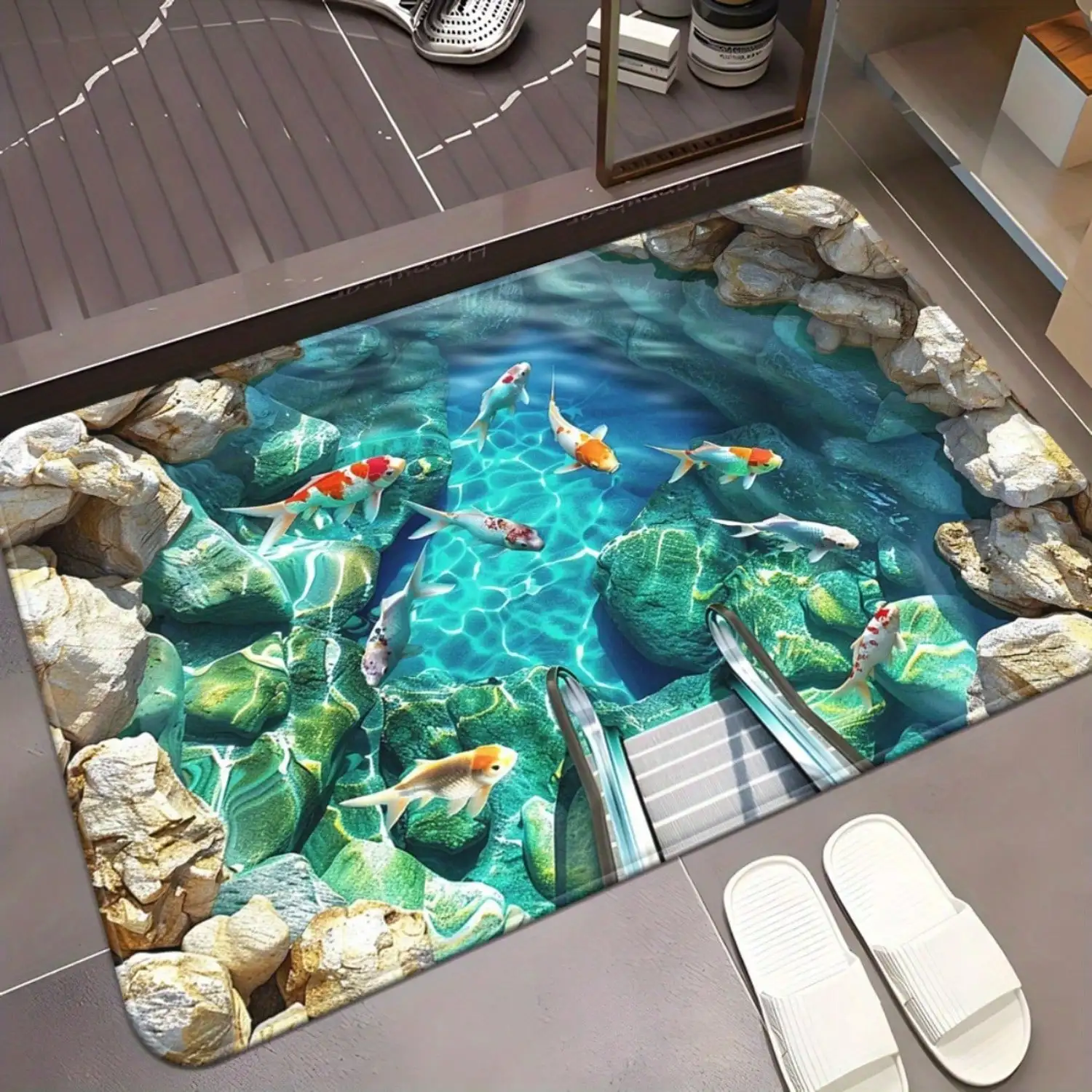 1pc Of Illusion Cave Koi Fish Doormat, 700Gsm, Non-Slip Bathroom Floor Mat, Microfiber Absorbent, Machine Washable Polyester Rug Suitable For Bedroom, Living