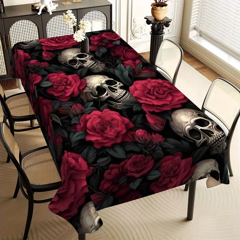 Coated fiber tablecloth, featuring a dark aesthetic design with rose and skull patternszyc