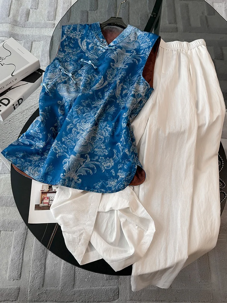 

Fashionable Unique Summer Chinese Style Set Women's Sleeveless Top Wide Leg Pants Two Piece Suit Cotton Material Stand Collar