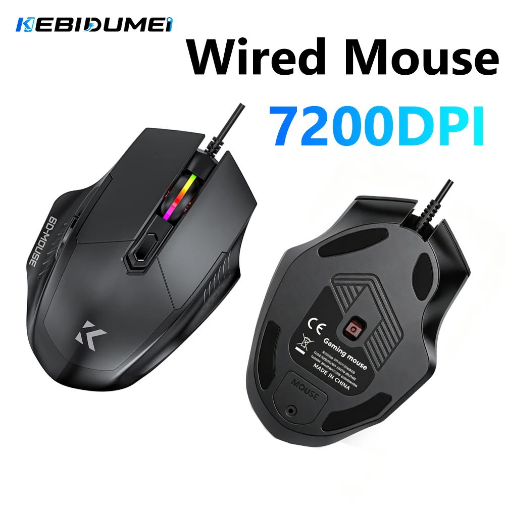 KEBIDUMEI 7200DPI Wired Mouse 6 Buttons USB Gaming Mouse RGB Ergonomic Low Noise Office Mice Computer Accessories For PC Laptop