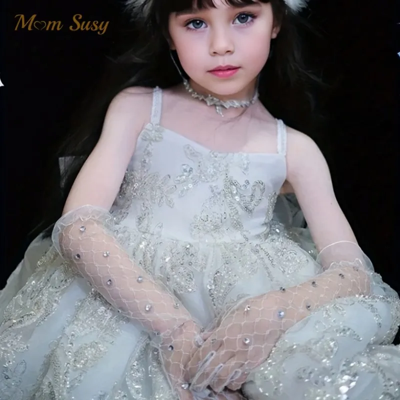 Fashion Baby Girl Princess Lace Five Fingers Gloves Sequins Wedding Party Pageant Thin Long Gloves Child Accessories