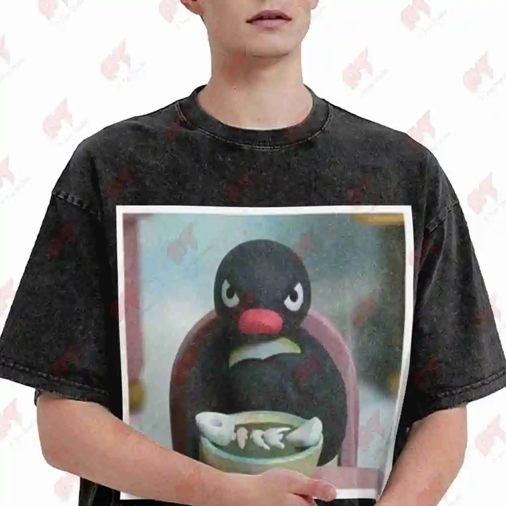 Funny Angry Noot Pingu Penguin Heavyweight Vintage Washed Tee Pure Cotton T-Shirt