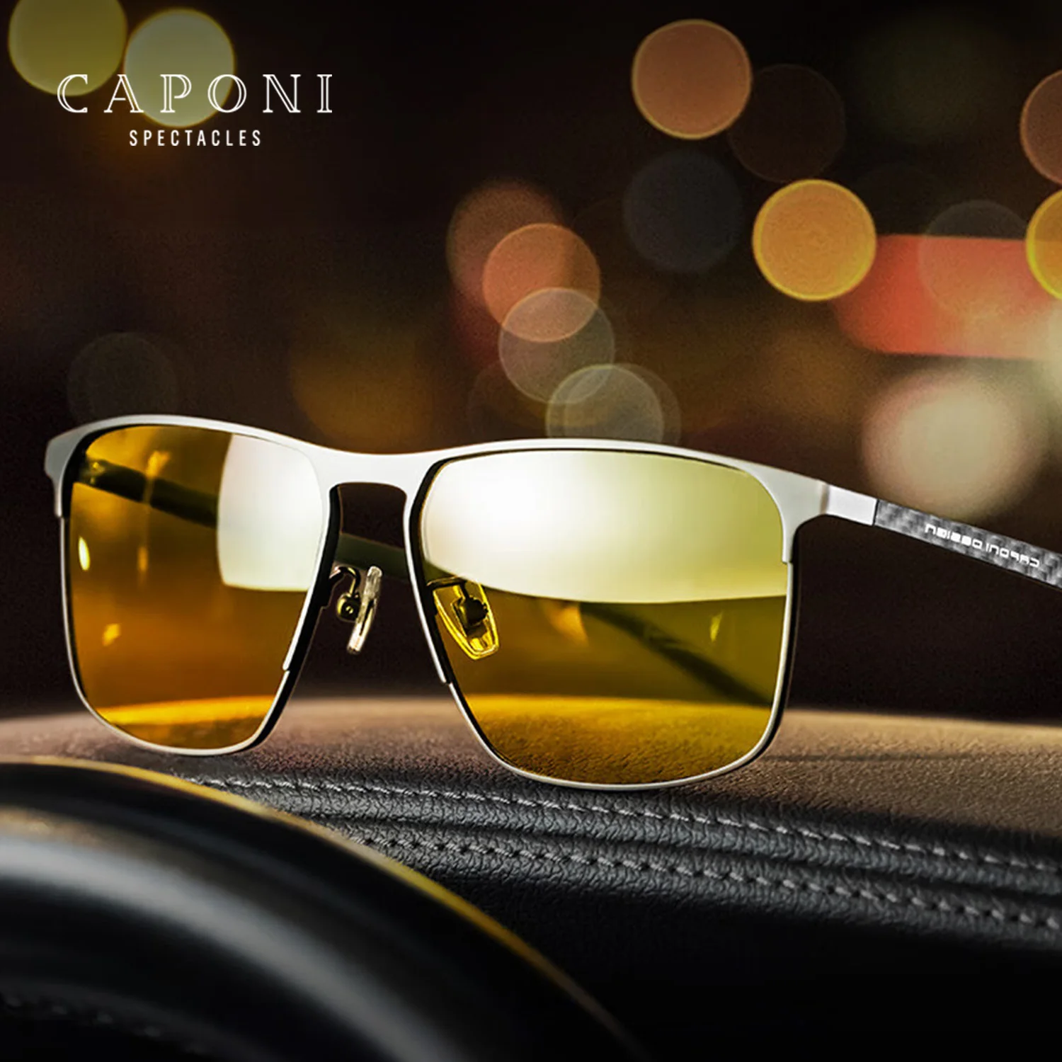 CAPONI Men’s Sunglasses Carbon Fiber Original Brand Design Yellow Glasses Square Night Vision Sun Glasses For Driving BSYS28964