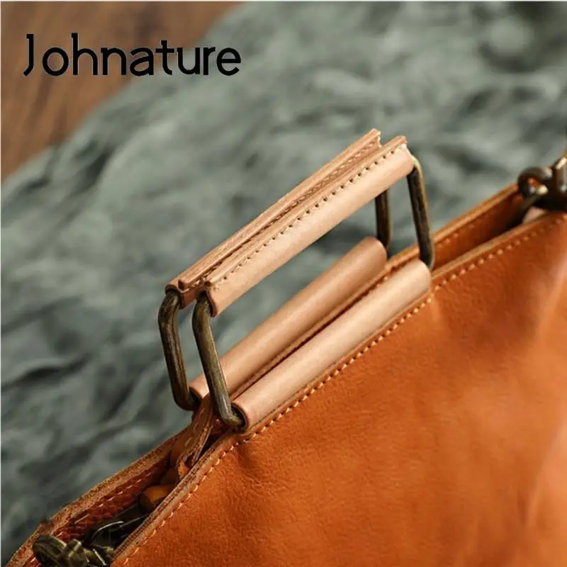 Johnature Handmade Natural Cow Leather Women Bag 2024 New Simple Retro Handbag Large Capacity Solid Color Shoulder Bags