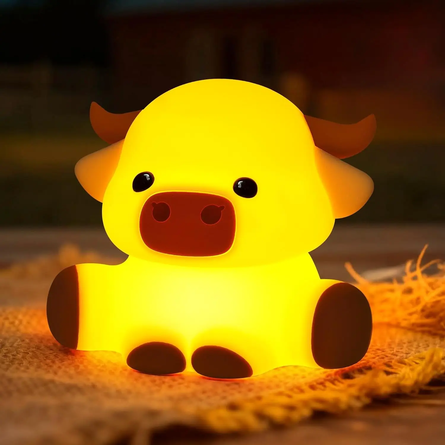 Lampka Nocna Krowa Szkocka, Miękka Silikonowa Lampka Ładowalna Ściemniana z Timerem Sterowana Dotykowo Lampka Nocna na Stolik do Sypialni do Domu