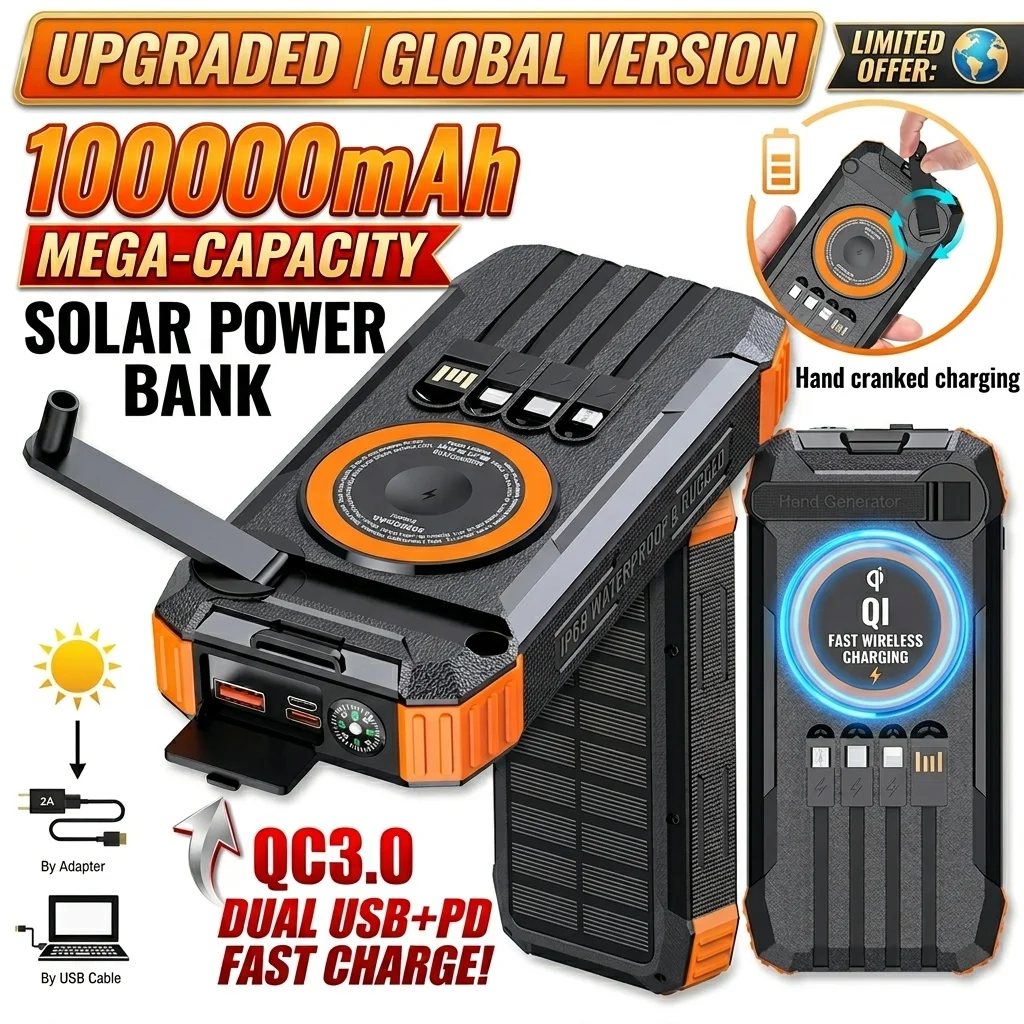 100000mAh Solar Power Bank Fast Wireless Charger Built-in Cable Hand Crank Portable External Battery Poverbank for iPhone